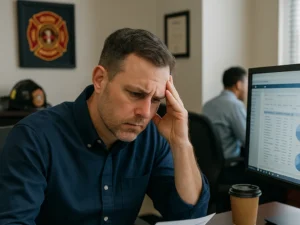 fire department executive reviewing rms documents concerned office setting